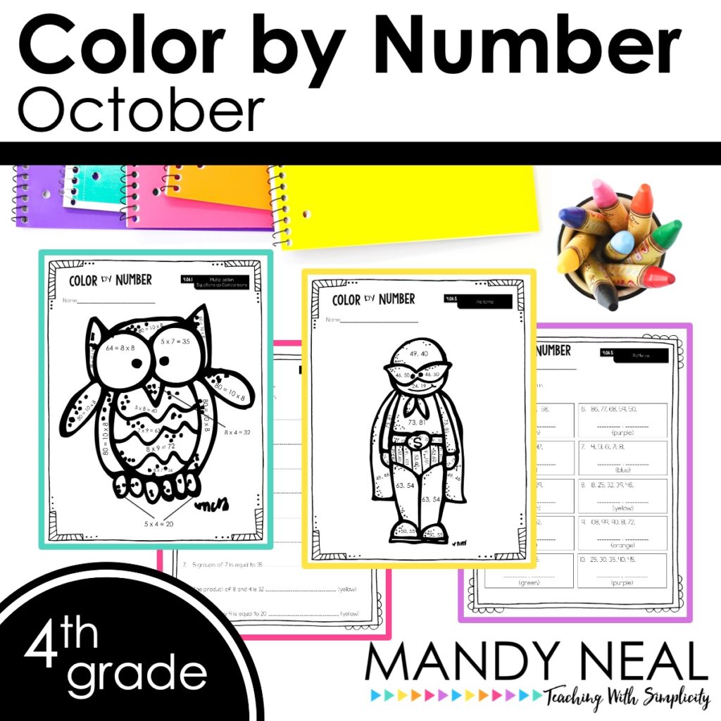 4th grade math color by number worksheets for Halloween